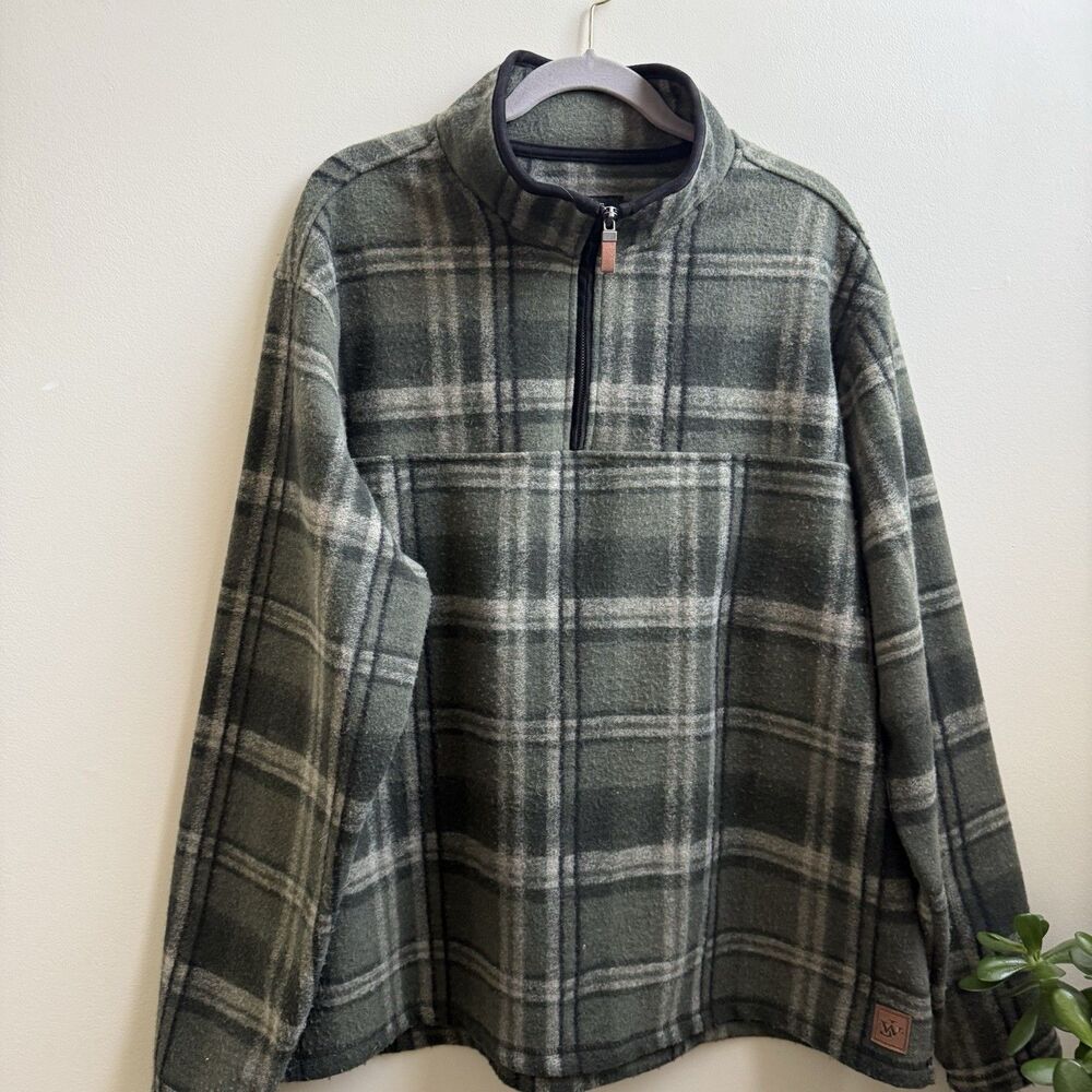 John Wayne MenS Green Plaid Fleece Quarter Zip Sweater Ranch Chore Cowboy XXL